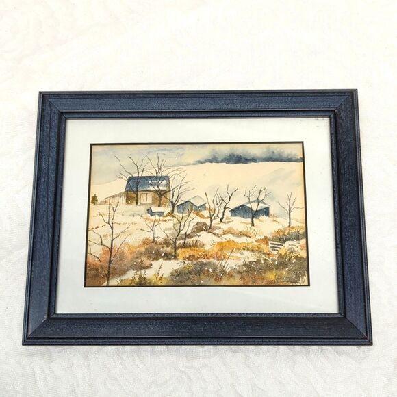Hand Crafted Other - HAND PAINTED | Rural Indiana Blue Barns Snow Scene
